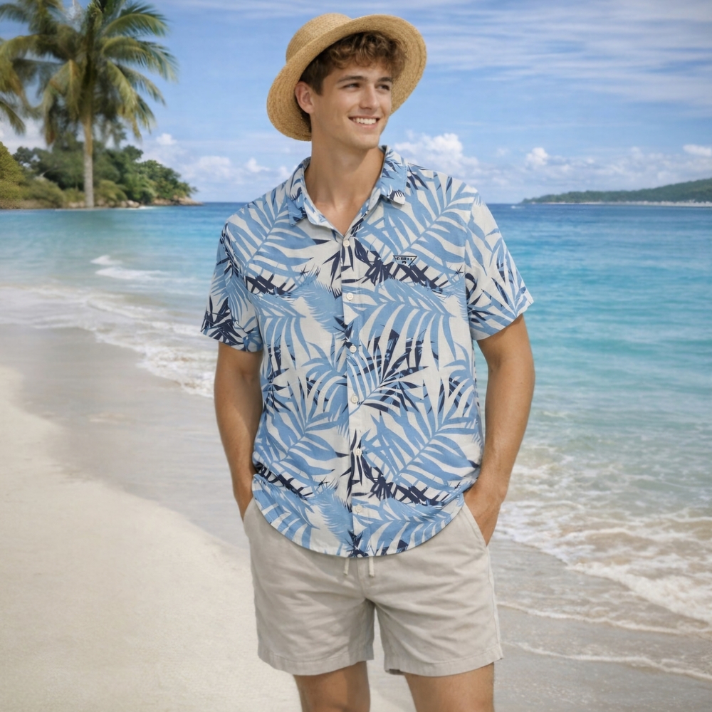 GUESS Blue & White Palm Print Button Down Summer Resort Shirt, Medium